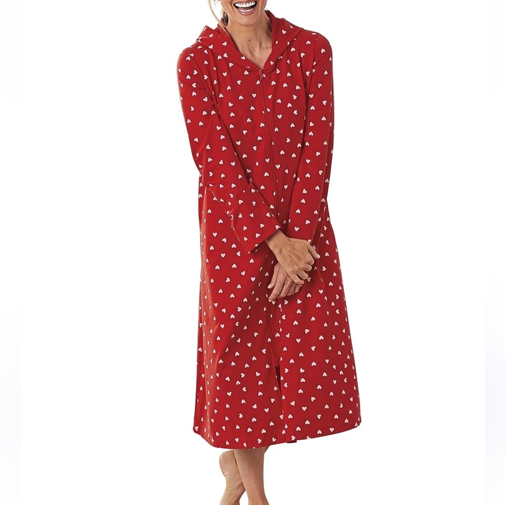 Red Heart Print Women's lounge dress zip up Valentine’s Day cozy medium